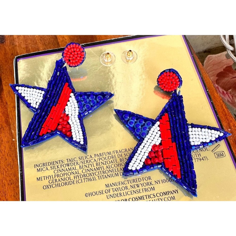 Patriotic Star Earrings Seed Beads Handmade July 4 Veterans Memorial Lab…